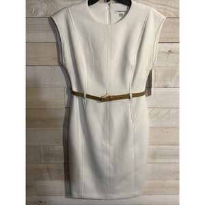 CALVIN KLEIN BELTED CAP SLEEVE SCUBA SHEATH DRESS WHITE TAN BELT SIZE 8P NWT